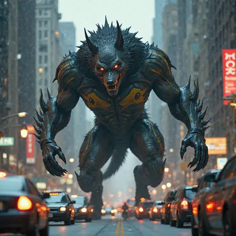 A massive wolf-like creature inspired by Batman dominates a busy city street. The creature has a sleek black and yellow armored body with bat-like ears and glowing eyes. Its sharp claws scrape the roads, and its large frame towers over small vehicles. The ...