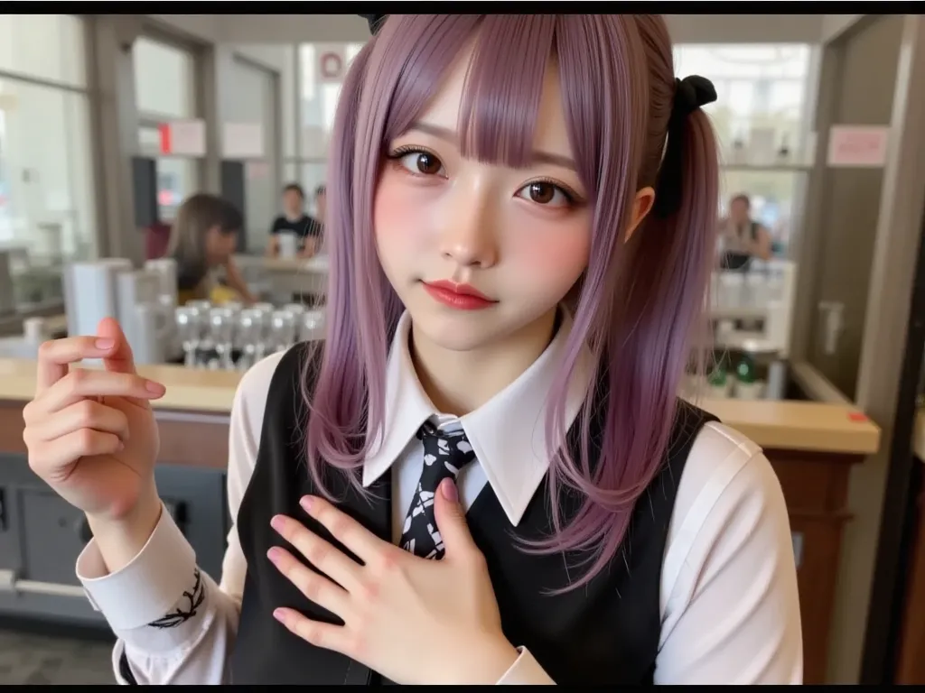 1 girl, alone, bungs, ,  puts your hand on your chest ,  Jill Stingray,    Long Sleeve,  viewer, purple hair, medium chest, tie,     shirt, alone, upper body, vest,      bartender    , vest, white     shirt,