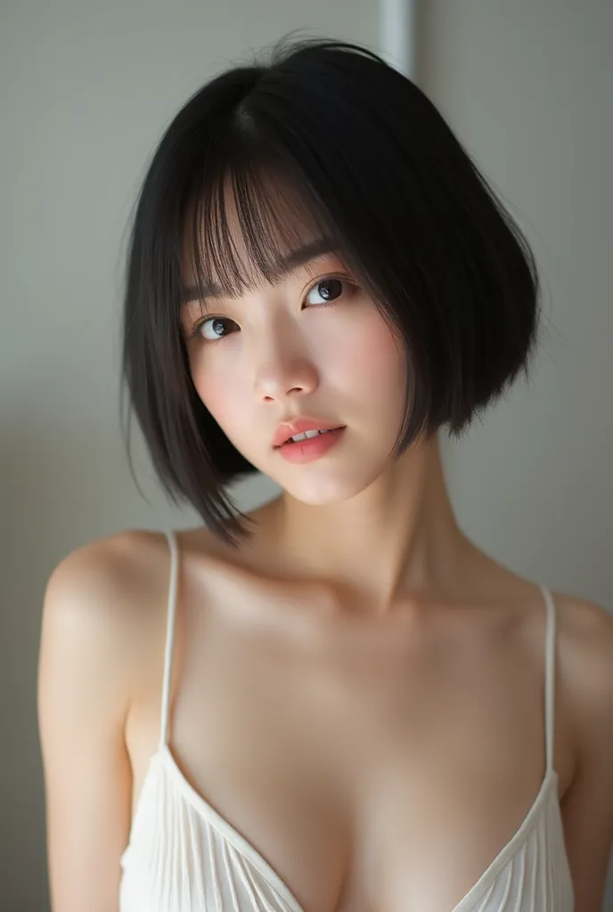 (Masterpiece, Best quality:1.4), (Ultra realistic, Photo-realistic:1.3), (flat breasts), Natural light, 30 years old actor, asian boy, Neat and clean, very Short bob hair, fringe, cheek hair length, (Beautiful face), Oval face, clear, Beautiful eyes, Kind ...