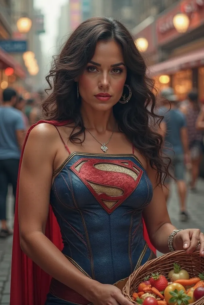 Beautiful and beautiful curvy 140-pound Latin woman, dressed as Superman and with a basket in his hand