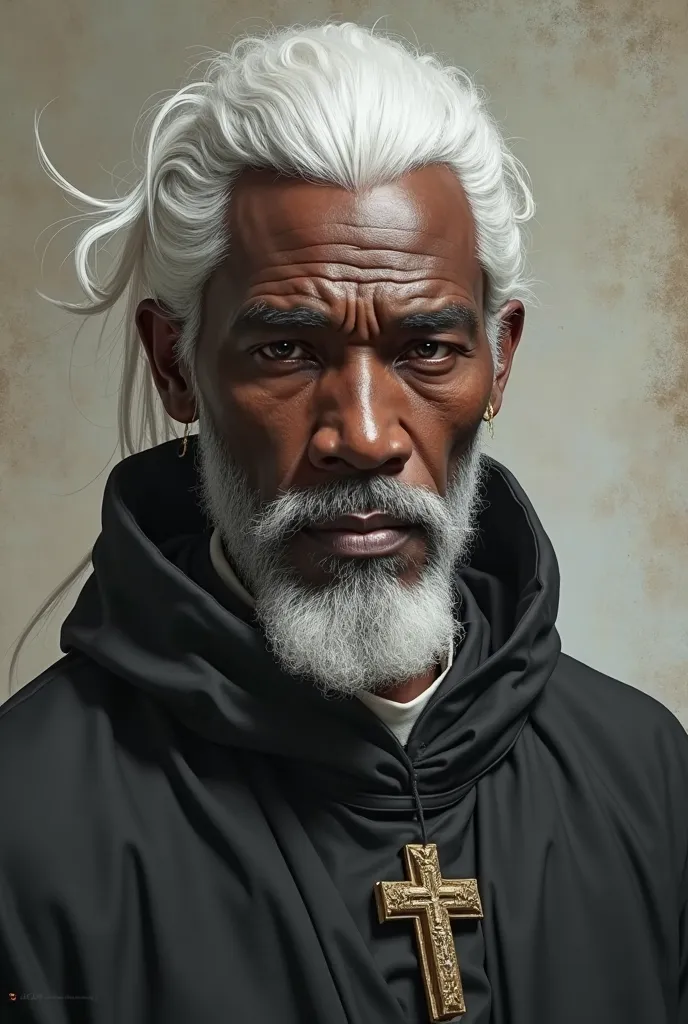 Create a priest who is approximately 30 years old, White hair black, beautiful 