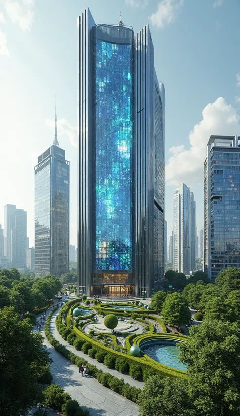 This is a picture of a huge building, a sophisticated futuristic company with an amazing urban design decorated with a large screen and green gardens,