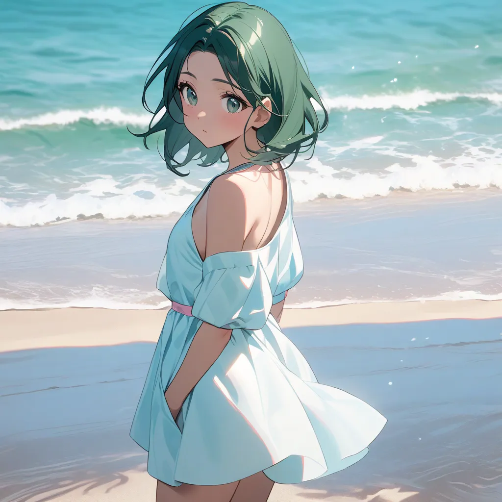 A fair-skinned young woman with dark green hair dressed in light blue with her left shoulder exposed and pink shoes on the beach