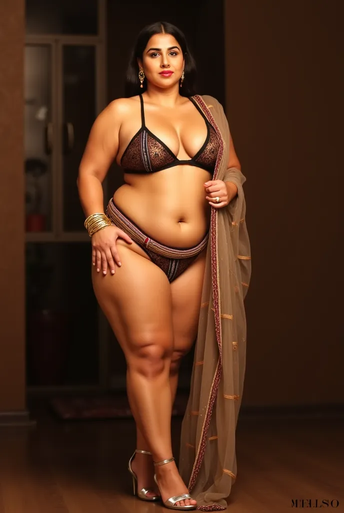 Full-body image of a indian married milf 40 years of plump curvy Indian woman with a radiant, brown complexion. Her face glows with confidence, and her  curvy body is beautifully enhanced by the string bikini with triangle top and Covered by transparent ex...