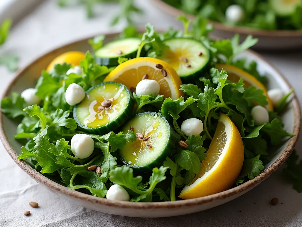 *Create an image with visual elements such as a plate or bowl of detox salad with natural ingredients such as arugula, lettuce, cress, chopped cucumber, sunflower seed, Olive oil and lemon*