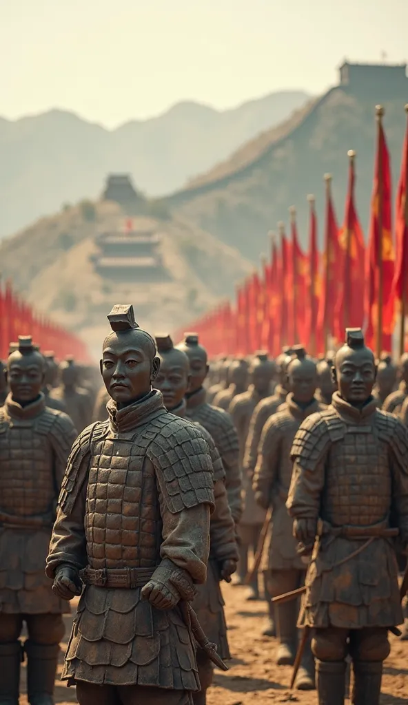 A powerful scene of Terracotta Warriors standing in formation, their armor glistening under the sun. Behind them, real soldiers train with spears and bows, banners fluttering in the wind. The background shows the Great Wall snaking across misty mountains.