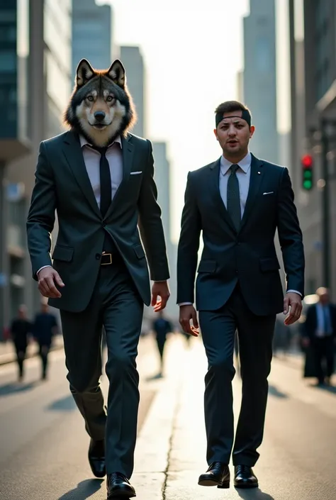 A majestic, anthropomorphic wolf, dressed in a suit and with a human body twice the size of an average human, confidently walks toward the camera in slow motion. The wolf wears modern clothing, but its muscular physique is still clearly visible beneath the...