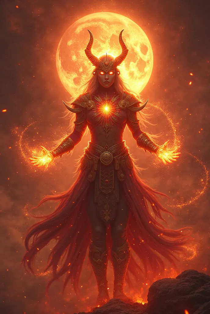 Celestial entity with imposing features, radiating cosmic energy.
Blood Moon shining in the background, reddish ethereal sky.
 glowing eyes , emanating mystical force and ancient power.
Body wrapped in vibrant auras, mixture of red and gold flames.
Clothes...