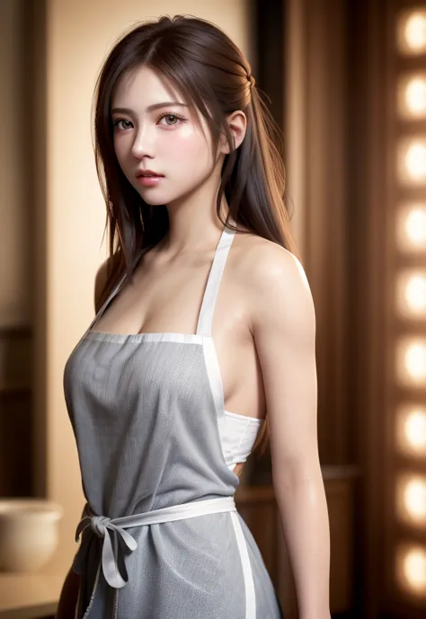 8k,  top quality, masterpiece:1.2), (realistic, photorealistic:1.37),  top quality, masterpiece, A BEAUTIFUL YOUNG WOMAN,  Pensive Expression ,  gentle eyes,  naked apron 、lover、Hair Tied at the Back, Messy mood, Cinematic background,   light skin tone