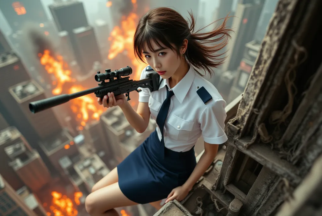 Sexy beautiful Japanese woman, a self defense officer uniform, wearing a white short-sleeved shirts, navy blue tie, navy blue pencil skirt, Black patent high heels, beautiful hip-line, Beautiful thighs, Realistic cinematic photos from Asian mafia action mo...