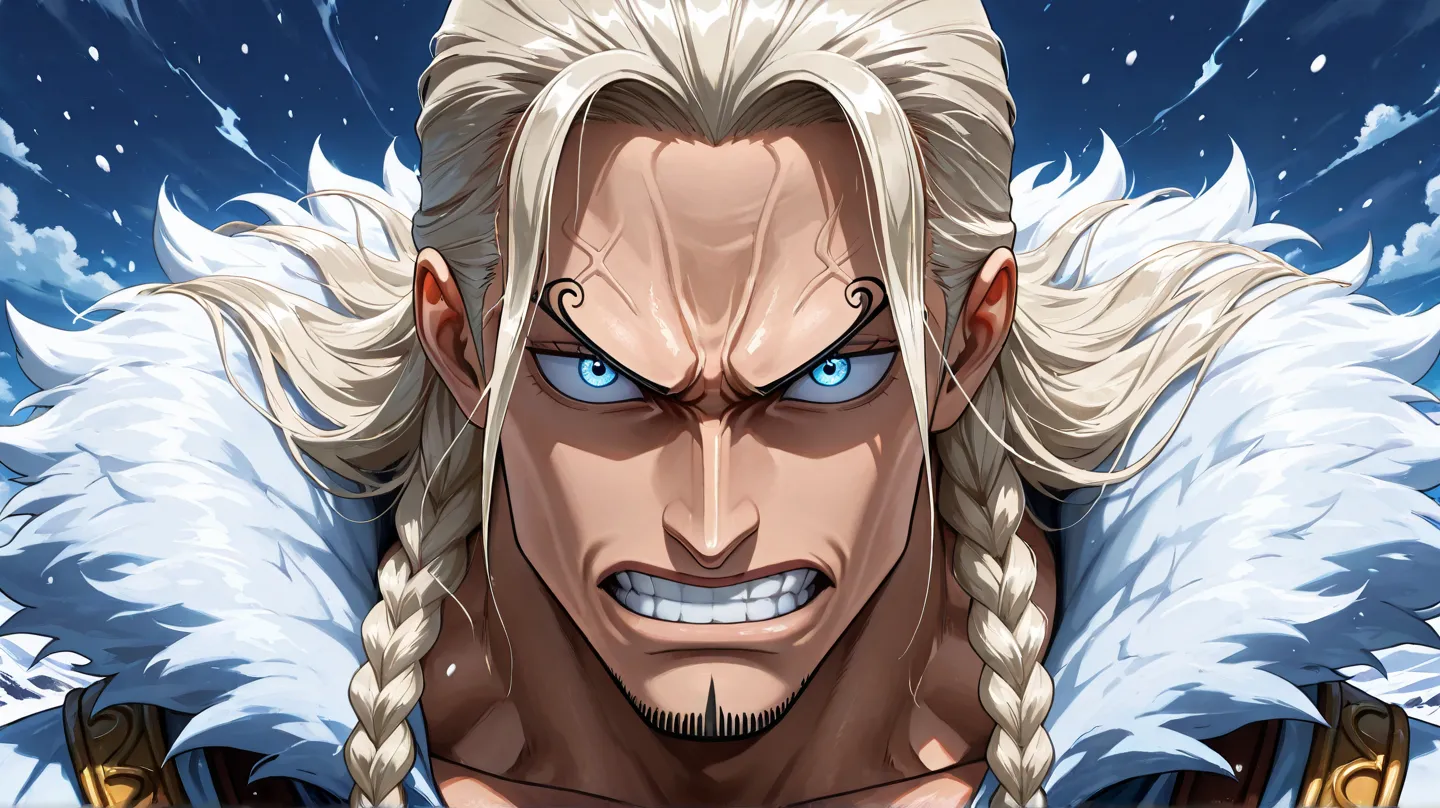 Male, athletic and muscular body, fair skin, platinum blonde hair braided in Viking style, intense blue and almond-shaped eyes, arched eyebrows, angular face with strong jaw and straight nose, determined expression, robust upper outfit with touches of fur ...