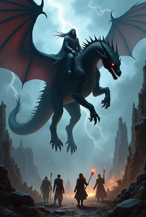 Create a realistic image of a necromancer riding a realistic black dragon flying in the sky and on the ground if he meets a warrior, An elf, A priestess, A Barbarian Dwarf and a Wizard