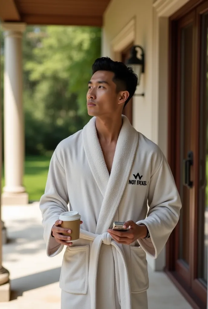 an athletic Asian man wearing a robe with the Not Pixel logo holding a cup of coffee in his left hand and an iPhone in his right hand, standing on the porch of a luxurious house looking at a collection of hypercars and a collection of 1000cc motorcycles in...