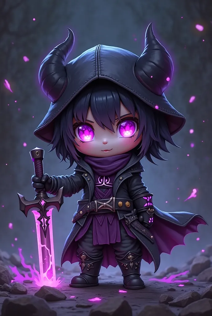 A dark and mystical chibi version of Riven from League of Legends, with a cute and small proportions, holding her broken sword. The color palette should be dominated by dark shades of black and purple, with glowing purple accents on her sword and armor. Ad...