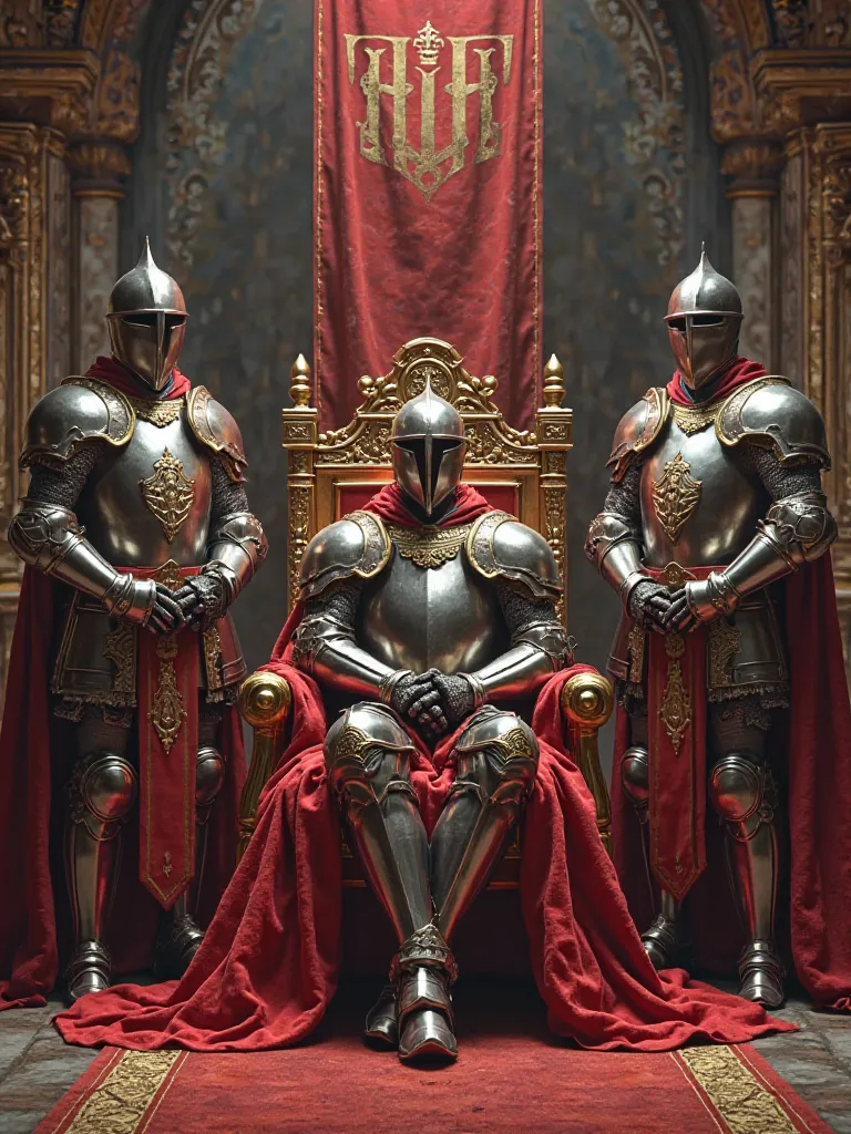 Medieval knights, one sitting on a throne and the other two standing on one side of it and above a standard with the following letters HIH in the middle. 