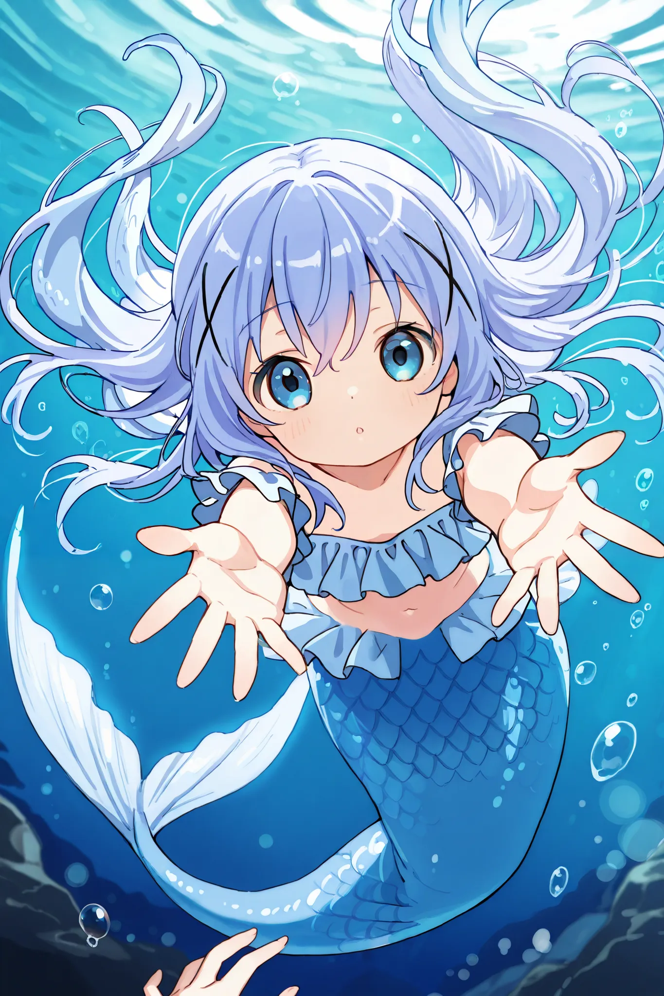 1girl, blue eyes, chino_kafuu, periwinkle colored hair, long hair, tiny, cute, ((mermaid, light blue tail)), (light blue frills), swimming, looking at viewer, arms reaching out, underwater, bubbles, bokeh effects, dynamic pose, out of frame, dynamic angle