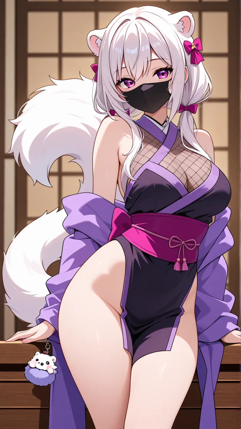 Waifu Arctic ferret, with elegant ears and a fluffy ferret tail. Her charm combines sweetness and mischief, with a mischievous look and a playful but seductive attitude wearing a ninja costume with a plain full face mask