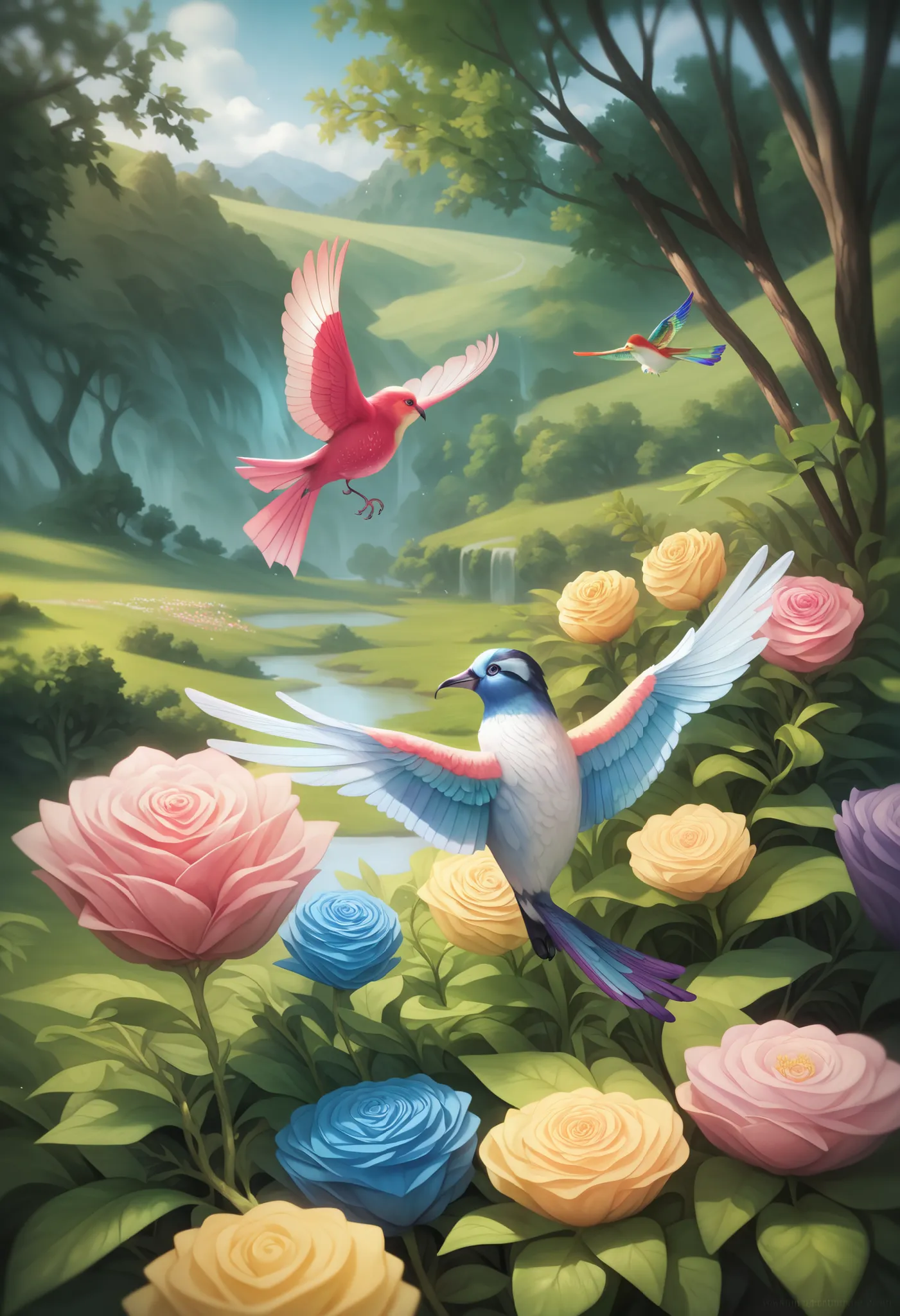 painting of a Hummingbird perched on a branch with flowers, painting of a Hummingbird, 背の高いものBeautiful絵画, Detailed painting 4k,  Vector art by 、colorful and detailed painted with bright watercolors , Hummingbird, Colourful birds and long, Beautiful and ele...