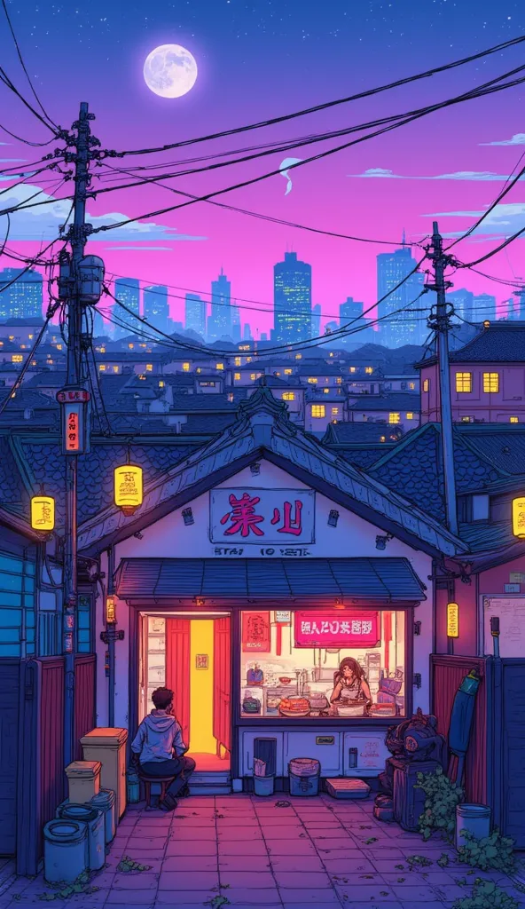 "SeerLight-inspired illustration, (soft neon glow:1.2), anime cyberpunk, cozy atmosphere, highly detailed, cinematic lighting, LoRA:seerlightStyle-v1.0:1.5" A futuristic yet cozy ramen shop nestled in a neon-lit city at dusk, viewed from a far distant pers...