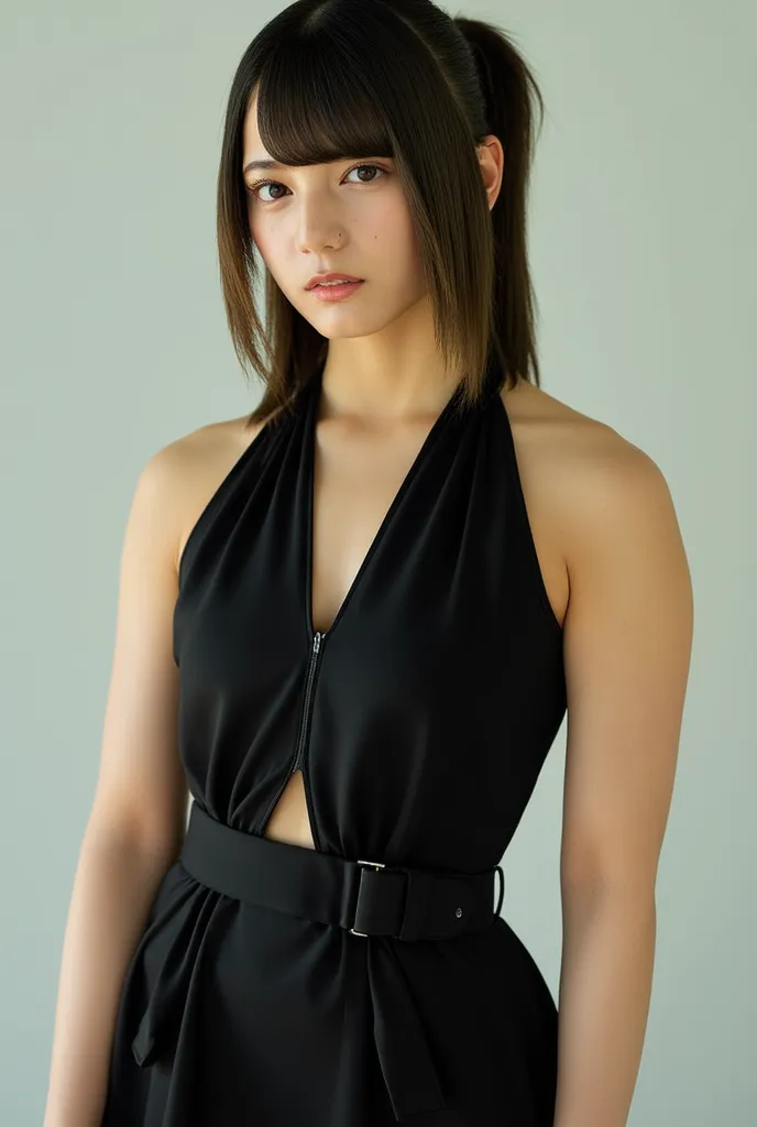 Photorealistic, 8k, a stunning young woman with semi-long dark-green hair styled into a high side ponytail on the right side of her head, her bangs elegantly framing her face. She wears a black sleeveless halter-neck dress, distinguished by a central thin ...