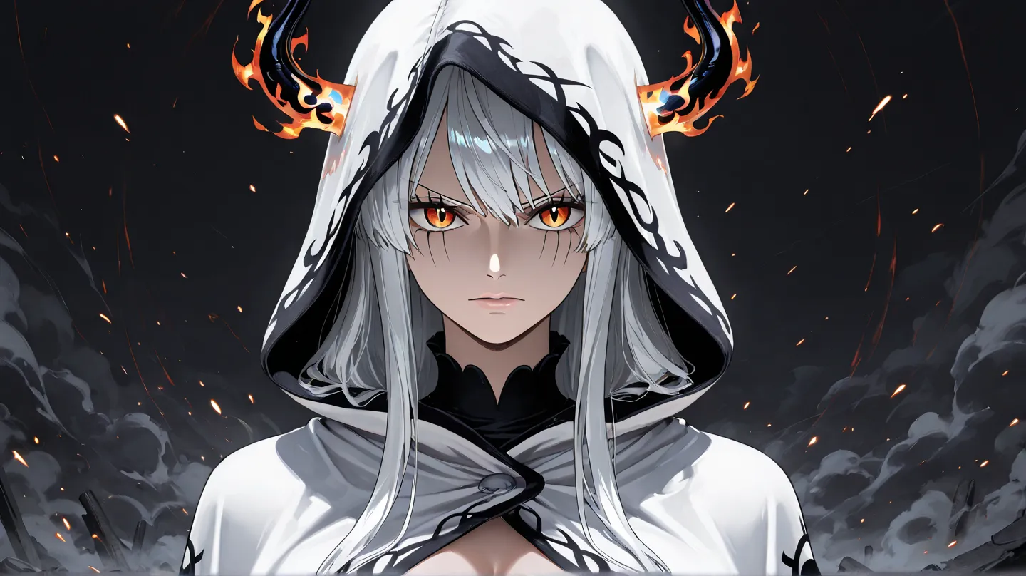 Woman, slender body, whitish skin, long, straight silver hair with gray tones, almond-shaped eyes in black tones with thin pupils, delicate eyebrows, oval-shaped face with defined contours, dark and resolute expression, white cloak with hood in dark tones ...