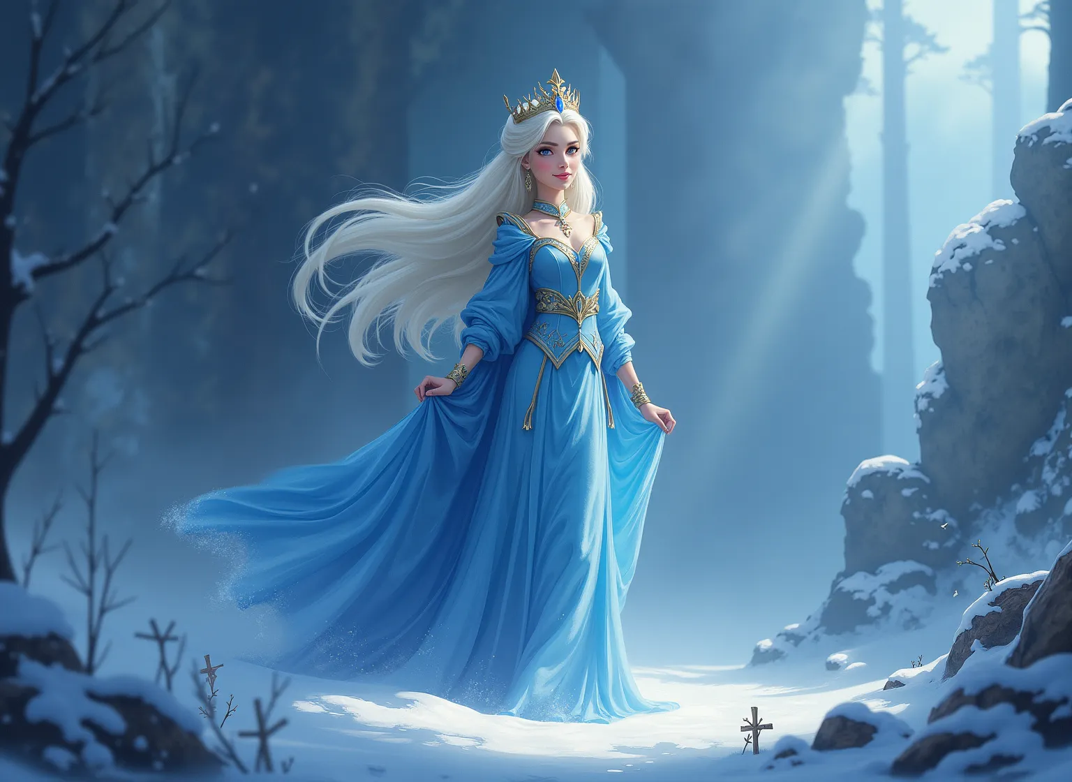 is a cartoon painting of the Queen who rules the Kingdom of Frost, a great magical natural, high fantasy , epic fantasy art,  Perfect , (لوحة فنية amazingة:1.2), (Epic composition:1.4), (Talent:1.2),  super detail, cinematic lighting,  outdoor clothes with...