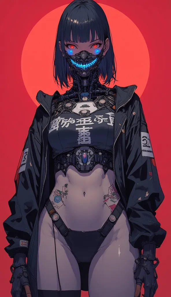 ((Organ background)),women art,25 year old,medium eye size,bob cut with ponytail hair,boobs,v-line hips,long legs,money, power, japanese text written in clothes, iconic,luxury,red,blue glowing eyes,demon smile neck mask,vigina(pussy) showing hips,