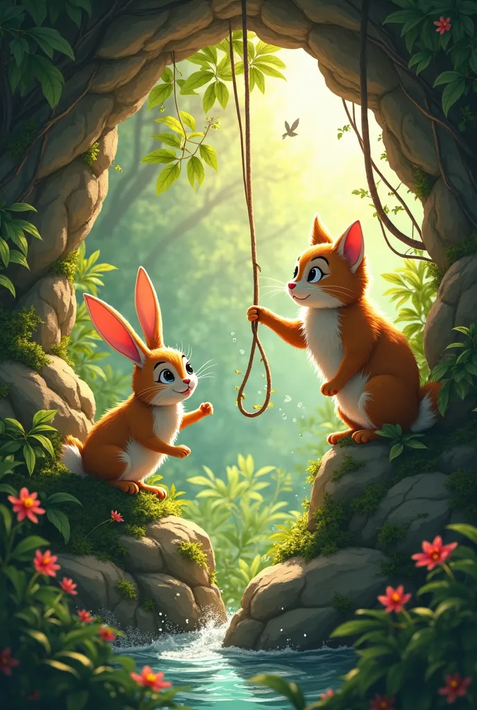 
"A lush green jungle bathed in soft sunlight, where a curious rabbit (गप्पू) is trapped inside a deep, dark cave. His tiny paws grip the edge as he tries to climb, but the slippery walls make it impossible. Outside the cave, a clever cat (बिल्लू) stands o...