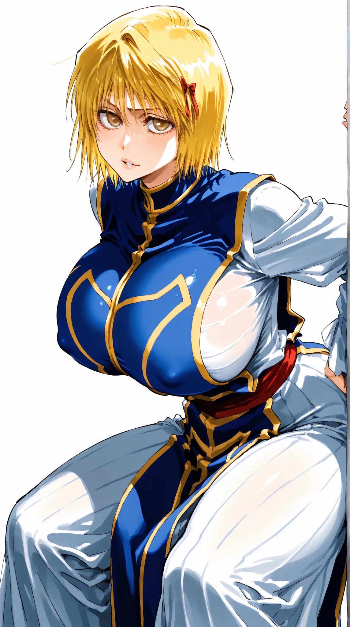 kurapika from hxh, bob hair,blonde hair,grey eyes, sanpaku eyes,beautiful face, perfect face, highly detailed beautiful face and eyes, attractive face,  squinched eyes, 
wink, waist, waistline, massive breasts, saggy breasts,  (covered breasts: 1.3), bigge...