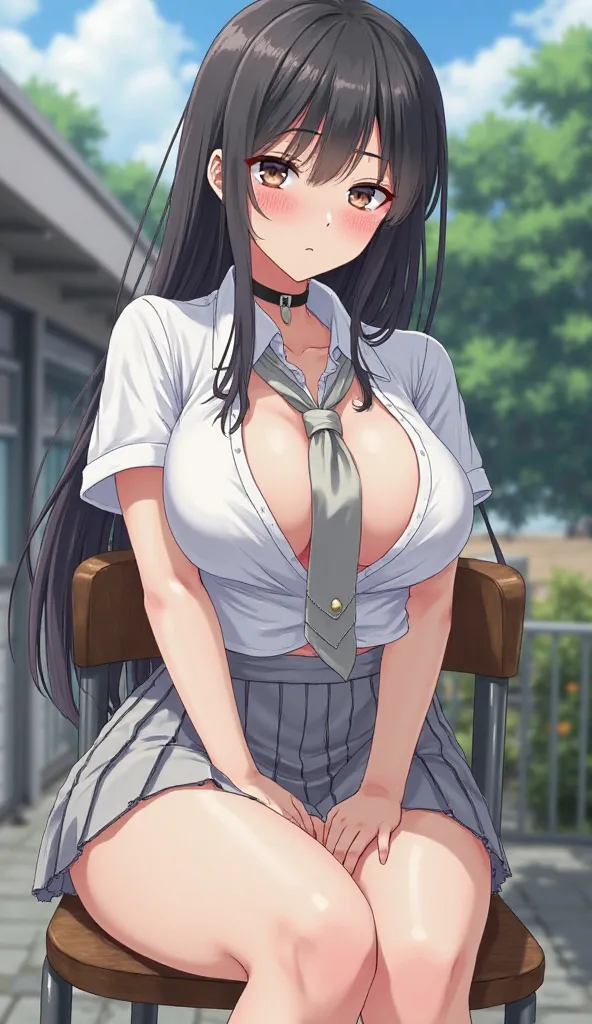 Anime Beautiful voluptuous woman open shirt on breasts, sexy schoolgirl, light gray loose tie, white short-sleeved shirt, unbuttoned shirt over breasts, big breasts, exaggeratedly short light gray pleated miniskirt, sitting on a chair, black shoes, in the ...