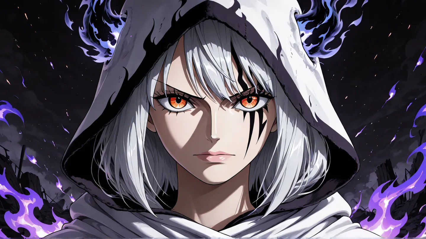 Woman, slender body, whitish skin, long, straight silver hair with gray tones, almond-shaped eyes in black tones with thin pupils, delicate eyebrows, oval-shaped face with defined contours, dark and resolute expression, white cloak with hood in dark tones ...