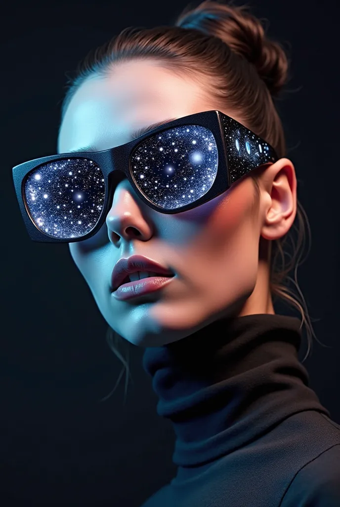  The model wears glass sunglasses with stars and the moon in the glass