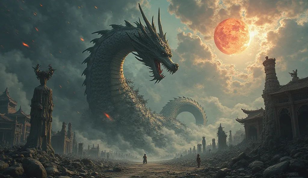 "A dramatic and intense image representing the collapse of China and its impact on global geopolitics. A giant, ancient dragon (symbolizing China) is shown crumbling, its scales falling apart, with a dark, stormy background representing the collapse. The d...