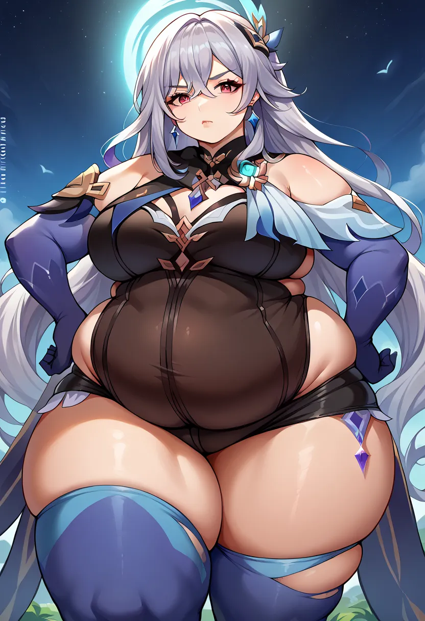 skirk \(genshin impact\), genshin impact, 1girl, solo, breasts, long hair, gloves, thighhighs, looking at viewer, elbow gloves, hand on hip, bangs, hair ornament, jewelry, blue gloves, bare shoulders, grey hair, large breasts, earrings, thighs, blue thighh...