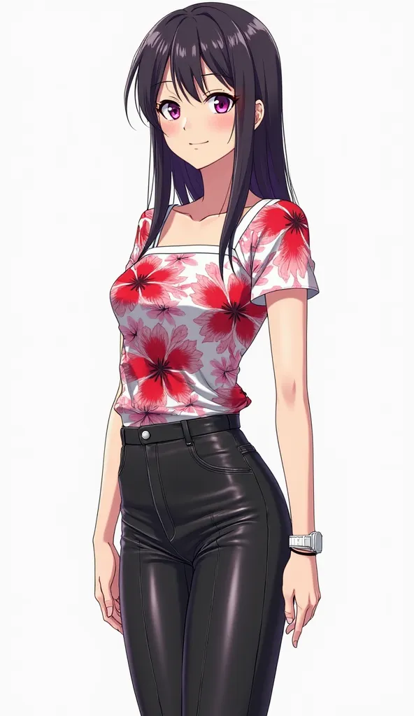 Japanese anime age woman with long straight black hair and short locks dyed in purple and intense magenta eyes and wears a white watch on the wrist of her left arm and a thin black bracelet on her right wrist and wears a blouse with a floral design. The bl...