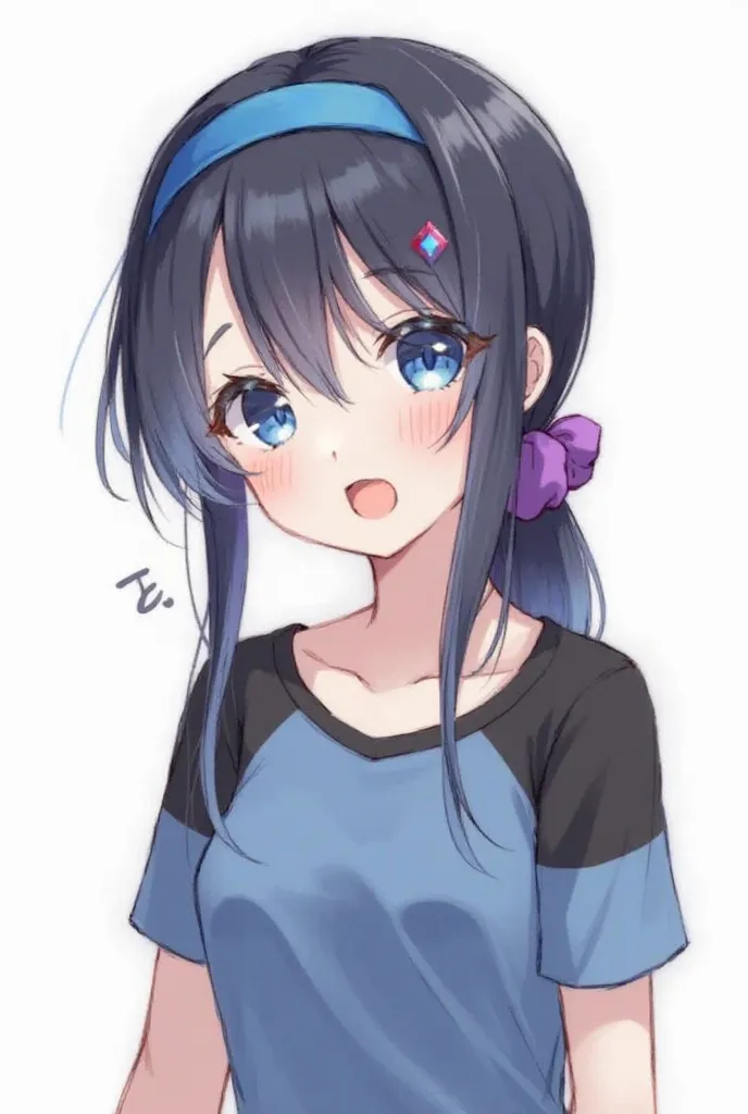 1girl, solo, blue eyes, white background, shirt, hairband, :o, looking at viewer, simple background, upper body, black hair, purple scrunchie, open mouth, blush, short sleeves, long hair, scrunchie, black shirt, open clothes, blue hair, blue shirt, collarb...