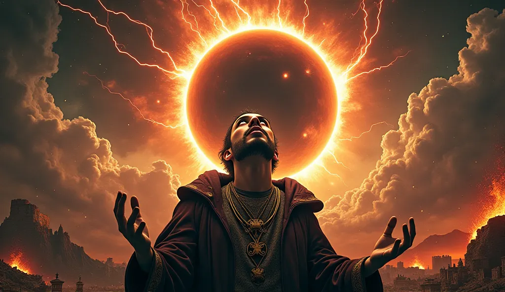 "A dramatic and surreal vision of an impending apocalypse, as seen through the eyes of Nostradamus. The scene shows a total solar eclipse casting a dark shadow over a world in chaos. Earthquakes, tsunamis, and volcanic eruptions devastate the landscape, wh...