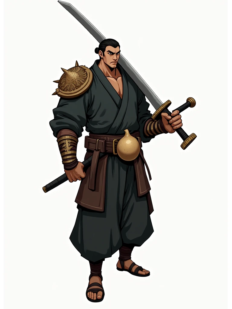 anime style, Tall and athletic man , brown skin, creepy black hair tied, Wide Face, Shihakusho preto, A gourd around the waist, brown samurai gloves and shoulder pads,A big and giant sword