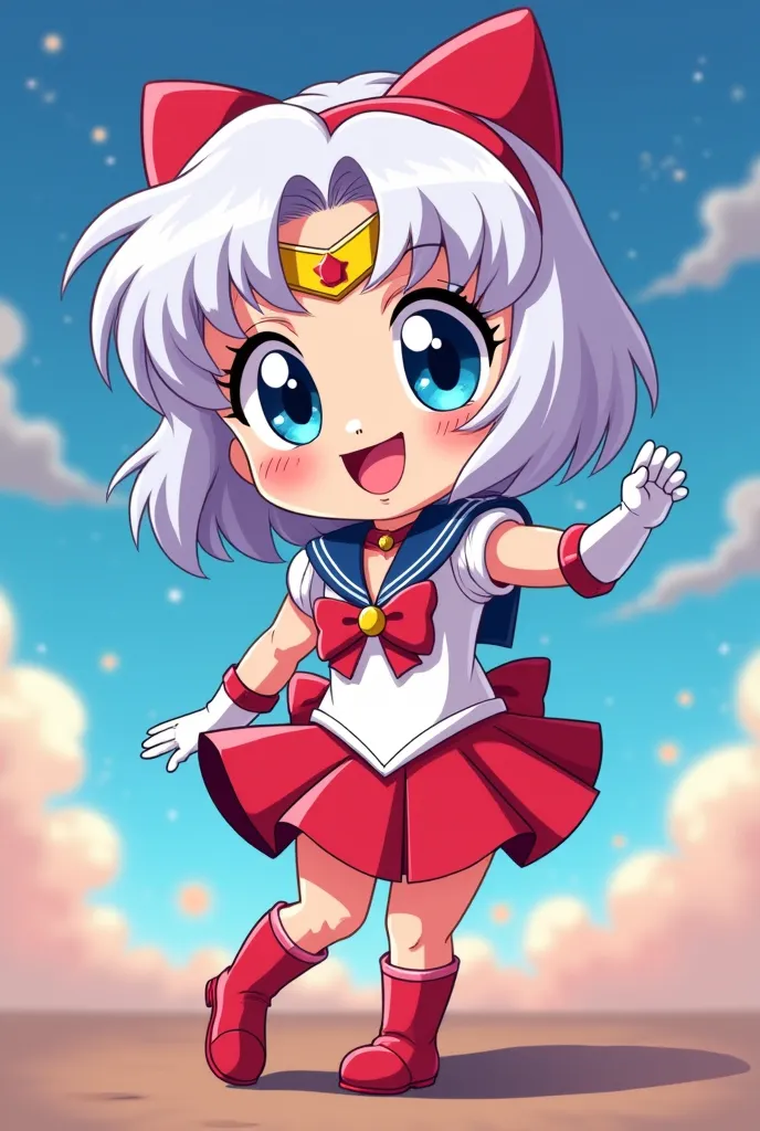 A 6K resolution 90s anime illustration of Clover Ewing from Totally Spies, as a baby, with a white White Bob Cut, (Clover Ewing: 3.0) (as a baby: 2.9) (White Bob Cut: 2.78 dressed as Sailor Moon (Dressed as Sailor Moon: 2.7)