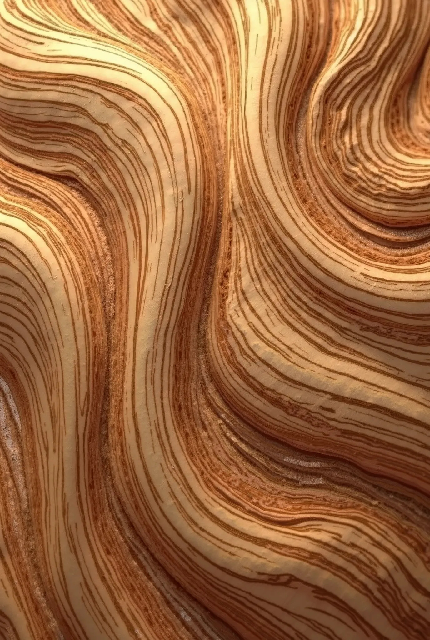 Create a digital texture image of swirling wood grain, inspired by a close-up photograph. The texture should feature flowing, dynamic lines and patterns, creating a sense of movement and energy. Use a warm, golden-brown color palette with highlights and sh...