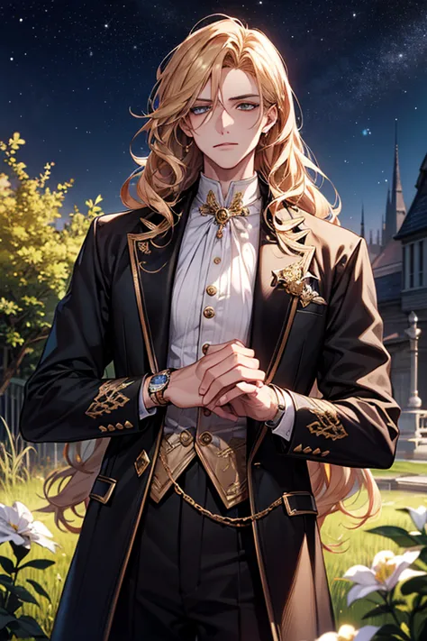 masterpiece , high resolution, excellent quality , man, gold-colored hair , long hair, wavy hair ,  elegant , English costume , sapphir-colored eyes , attractive face, very detailed face, haughty look , with a gold watch ,  in the garden , Starry Night , A...