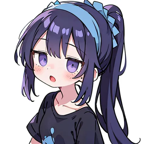 1girl, solo, blue eyes, white background, shirt, hairband, :o, looking at viewer, simple background, upper body, black hair, purple scrunchie, open mouth, blush, short sleeves, long hair, scrunchie, black shirt, open clothes, blue hair, blue shirt, collarb...