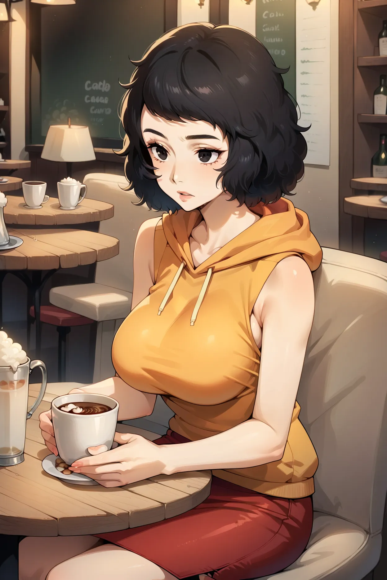 1 girl, solo, Sadayo Kawakami, black hair, black eyes, short hair, large breasts, cafe,((sleeveless hoodie)), red skirt