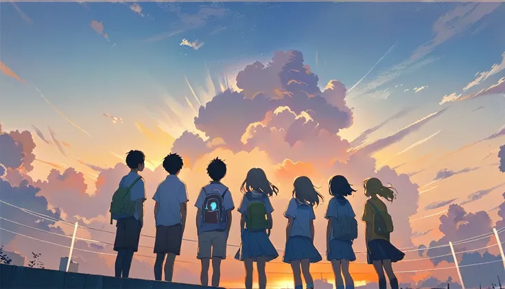 characters standing on a ledge  staring at the sunset, ( ( Makoto Shinkai ) ),  staring at the sunset. Makoto Shinkai、blue sky. by Makoto Shinkai, Makoto Shinkai 