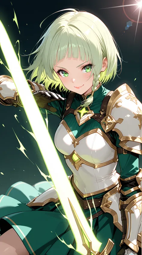 1girl ,natural face,eyelashes,lips gloss,, green hair,braided sidelock,single sidelock,arched bangs,,, , straight hair,short hair,,  female swordmaster, green skirt, white bustier, gauntlets, beautiful smile, fighting pose, atttack stance, ascii art, lens ...