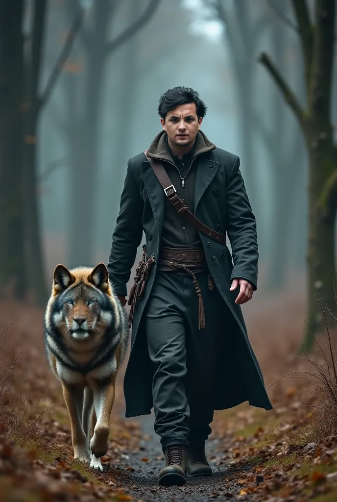 (Ultra-realistic, cinematic scene) A powerful barbar man strides confidently through in the ancient german forest, exuding a commanding and fearless presence. A big big, fearsome wolf walks beside him. He has black hair, his hair is moved by the wind, it t...