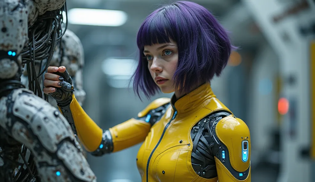 a young woman with darkpurple bob hair in a futuristic setting. She's wearing a yelloq bodysuit with blue glow  highlights blacksilver futuristic cyborg heavy giant arms, suggesting she might be a cyborg or part of a science fiction narrative. Her pose is ...