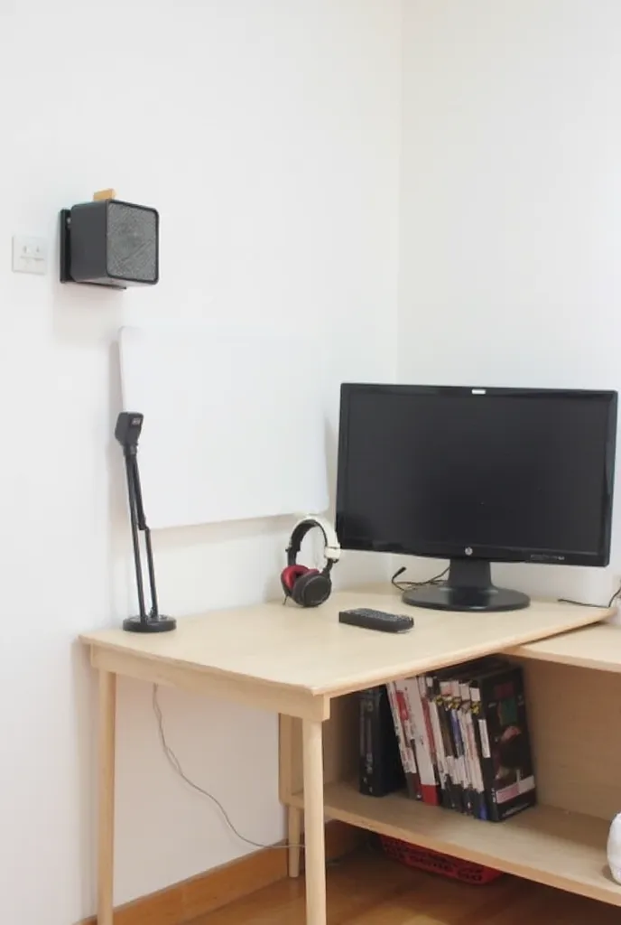 The image shows an environment interior with a white wall in the background. on this wall, there is a black wall mounted shelf holder with no board or object on it. The wall also has a light switch near the right side.

 On the right side of the image , th...