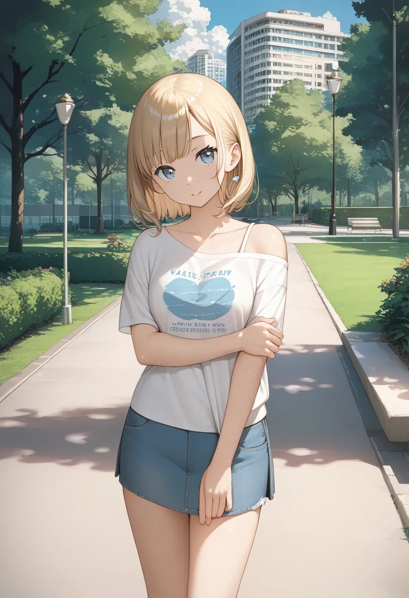 masterpiece, best quality, score_9, score_8_up, source_anime, girl, t-shirt, off shoulders, park,