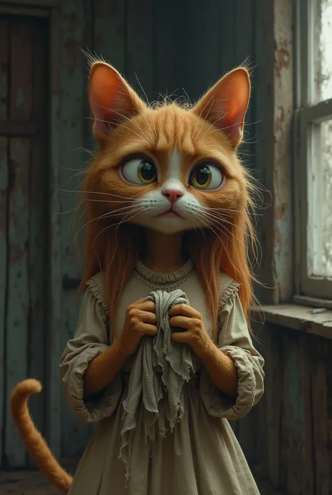 A distressed anthropomorphic brown cat with long, slightly unkempt fur, wearing a worn-out beige dress with rolled-up sleeves. She clutches a tattered cloth in her paws, her eyes wide with worry and sadness. The dimly lit background features an old wooden ...